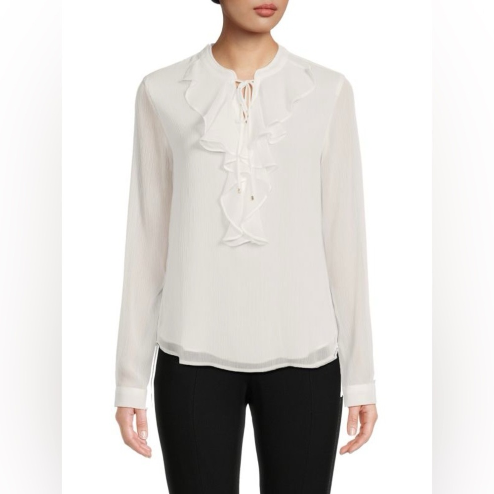 TOMMY HILFIGER Women's Classic Long Sleeve Ruffle Front Blouse - Ivory - Picture 1 of 9